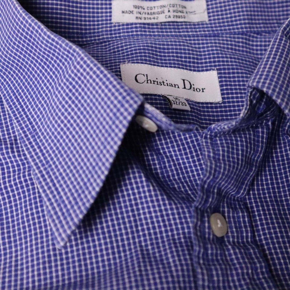 Christian Dior Mens Blue Gingham Check Shirt Button Down Long Sleeve Size 16 - Picture 2 of 7